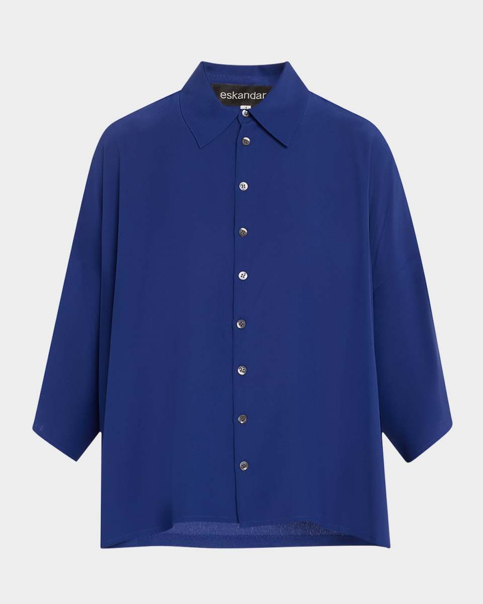 Sloped-Shoulder Wide A-Line Short-Sleeve Shirt With Collar (Mid Length)